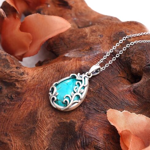 Teardrop Turquoise Necklaces 925 Sterling Silver Filigree Necklaces Pendant Genuine Natural Turquoise Jewelry Anniversary Birthday Gift for Women in Kuwait