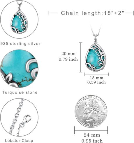 Teardrop Turquoise Necklaces 925 Sterling Silver Filigree Necklaces Pendant Genuine Natural Turquoise Jewelry Anniversary Birthday Gift for Women in Kuwait