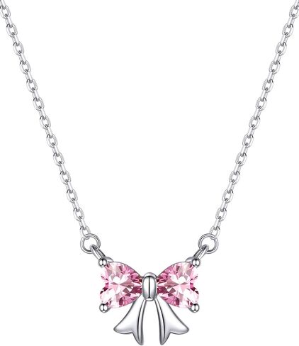 ChicSilver Bow Birthstone Necklace, 925 Sterling Silver Pendant Necklaces for Women, Hypoallergenic Silver Choker with 16 inch Rolo Chain, 12 Months Jewelry for Valentines Mothers Day Christmas in Saudi Arabia