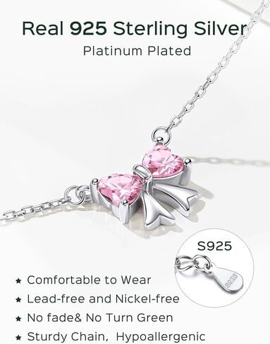 ChicSilver Bow Birthstone Necklace, 925 Sterling Silver Pendant Necklaces for Women, Hypoallergenic Silver Choker with 16 inch Rolo Chain, 12 Months Jewelry for Valentines Mothers Day Christmas in Saudi Arabia