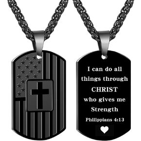 Dog Tag Christian Necklace for Men, Bible Verse American Flag Cross Necklace for Birthday Christmas First Communion Baptism Gifts in Kuwait