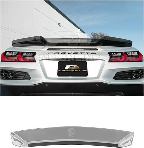 Replacement for 2023-Present Corvette C8 E-Ray & Z06 Models | GM Factory Style Polycarbonate Jake Skull Logo Rear Trunk Lid Wing Wickerbill Spoiler Extension Winglet Pair (Light Tinted) in Kuwait