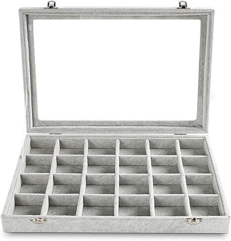 Jewelry Tray 24 Grid Velvet Jewelry Organizer with Clear Lid Transparent Earring Organizer Holder Case with Clasp Drawer Insert for Rings Studs Gift for Women Girls (Grey) in Saudi Arabia