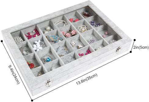 Jewelry Tray 24 Grid Velvet Jewelry Organizer with Clear Lid Transparent Earring Organizer Holder Case with Clasp Drawer Insert for Rings Studs Gift for Women Girls (Grey) in Saudi Arabia