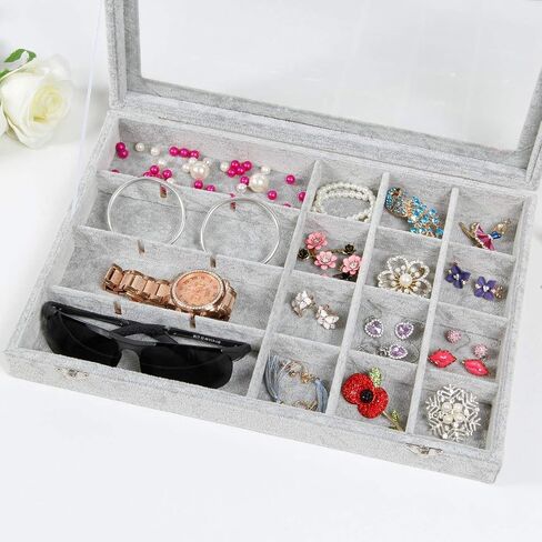 Jewelry Tray 24 Grid Velvet Jewelry Organizer with Clear Lid Transparent Earring Organizer Holder Case with Clasp Drawer Insert for Rings Studs Gift for Women Girls (Grey) in Saudi Arabia
