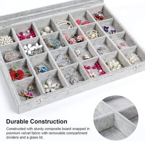 Jewelry Tray 24 Grid Velvet Jewelry Organizer with Clear Lid Transparent Earring Organizer Holder Case with Clasp Drawer Insert for Rings Studs Gift for Women Girls (Grey) in Saudi Arabia