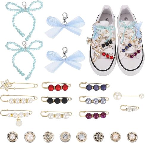 MECCANIXITY Shoe Charm for Sneakers, Faux Pearl Bow Tulle Mesh Bow Shoelace Rhinestone Brooches Accessories in Saudi Arabia