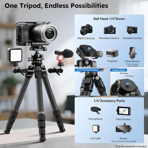 SIRUI Compact Mini Desktop Tripod, 20" Aluminum Portable Small Tabletop Tripod Stand with 360° Ball Head for DSLR, Camera, Phone, Loaded up to 22lbs, Phone Holder Included, AM-TT50 in Saudi Arabia