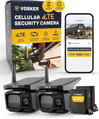 Vosker VKX Solar Powered 4G-LTE Outdoor Cellular Security Camera - No Wifi Needed, Motion Activated, Night Vision, SIM Card Included, On-demand Mode, IP65 Weather-Resistant in Kuwait