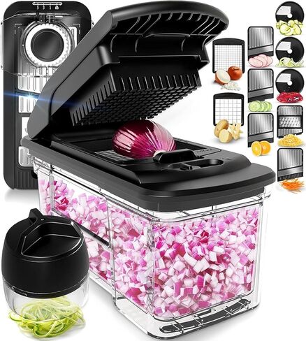 يشمل مروحية الخضار في Fullstar All -in -1 ، Slicer و Cheese Gather - Franch Fry Cutter & Veggie Dicer - Cheese Slicer - مكافأة يدويًا يدويًا (6 في 1 ، أسود/أبيض) in Kuwait