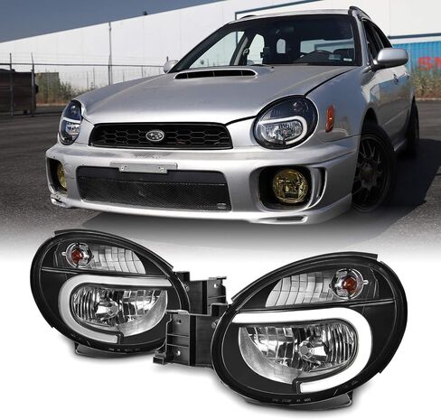 AKKON-For 2002 2003 Subaru Impreza Outback/RS/TS/WRX (نوع الهالوجين) LED DRL زوج المصابيح الأمامية السوداء in Saudi Arabia