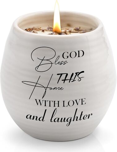 Housewarming Gifts New Home, New Home Gift Ideas, Christian House Warming Gifts for First Apartment, Handmade Ceramic 8oz Lavender Scented Soy Candle, God Bless This Home with Love and Laughter in Saudi Arabia