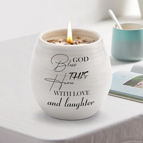 Housewarming Gifts New Home, New Home Gift Ideas, Christian House Warming Gifts for First Apartment, Handmade Ceramic 8oz Lavender Scented Soy Candle, God Bless This Home with Love and Laughter in Saudi Arabia