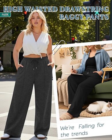 3 Pack Women's Plus Size Wide Leg Sweatpants High Waisted Drawstring Baggy Pants Loose Casual Pants with Pockets in Saudi Arabia