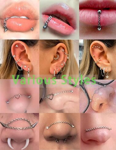 5Pcs Nose Chain Piercing Stainless Steel Across Top Nose Rings Chain Heart Double Nostril Bridge Jewelry for Women Men Silver Plated 32/35/40/45/50mm in Kuwait