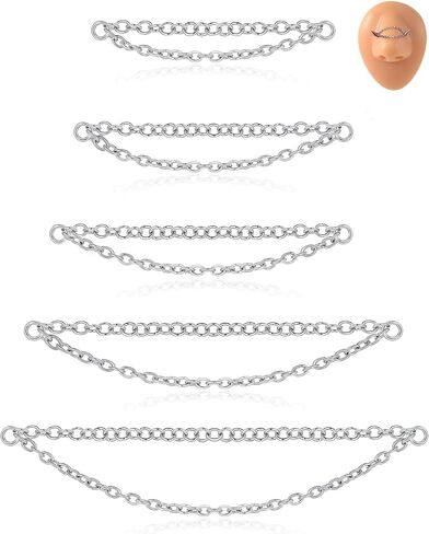 5Pcs Nose Chain Piercing Stainless Steel Across Top Nose Rings Chain Heart Double Nostril Bridge Jewelry for Women Men Silver Plated 32/35/40/45/50mm in Kuwait