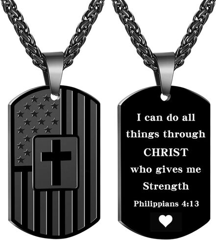 Dog Tag Christian Necklace for Men, Bible Verse American Flag Cross Necklace for Birthday Christmas First Communion Baptism Gifts in Kuwait