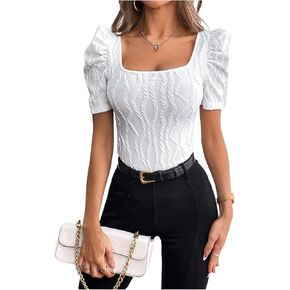 GORGLITTER Women's Puff Short Sleeve Square Neck Top Textured Knitted T Shirt Going Out Tops in Saudi Arabia