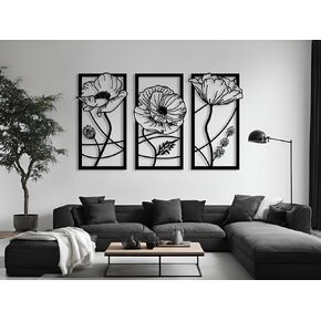 Vailla Botanical Wall Art 3pcs Living Room Wall Decor Hanging Sculpture Modern Home Decoration 3D Large Textured Sculptures for Kitchen Bedroom Office Dinnig Room 3 Black Floral Panels in Saudi Arabia