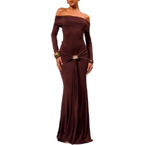 GORGLITTER Women's Off The Shoulder Bodycon Maxi Dress Long Sleeve Ruched Metal Cocktail Pencil Long Dresses in Saudi Arabia