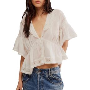 Women Lace Trim Flowy Shirt Y2k Half Short Sleeve Ruffle Low Cut Babydoll Tops Boho Cute Fairy Going Out Streetwear in Kuwait
