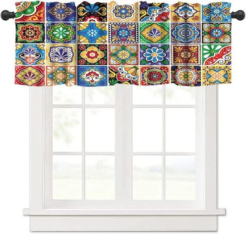 Mexican Style Valances Curtain for Kitchen Cafe, Tiles Print Colorful Flowers Leaves Swirl Pattern Window Treatment Valances Short Curtains Rod Pocket Drape for Dining Room Home Decor, 54x18inch in Saudi Arabia