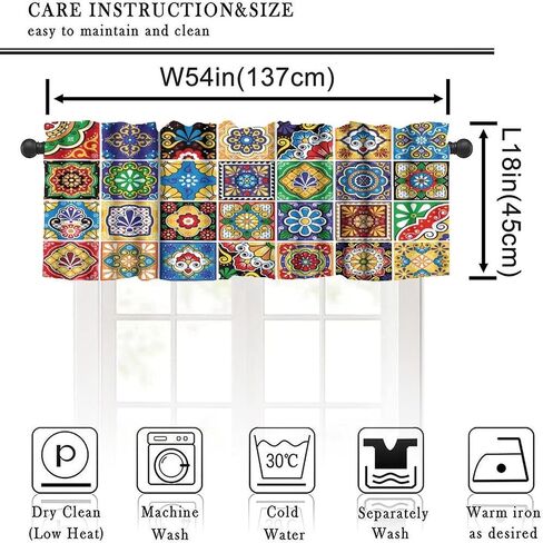 Mexican Style Valances Curtain for Kitchen Cafe, Tiles Print Colorful Flowers Leaves Swirl Pattern Window Treatment Valances Short Curtains Rod Pocket Drape for Dining Room Home Decor, 54x18inch in Saudi Arabia