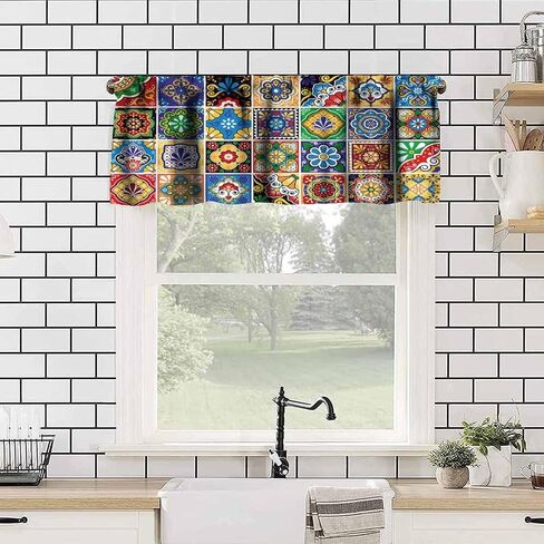 Mexican Style Valances Curtain for Kitchen Cafe, Tiles Print Colorful Flowers Leaves Swirl Pattern Window Treatment Valances Short Curtains Rod Pocket Drape for Dining Room Home Decor, 54x18inch in Saudi Arabia