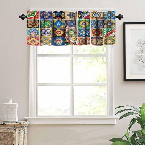 Mexican Style Valances Curtain for Kitchen Cafe, Tiles Print Colorful Flowers Leaves Swirl Pattern Window Treatment Valances Short Curtains Rod Pocket Drape for Dining Room Home Decor, 54x18inch in Saudi Arabia