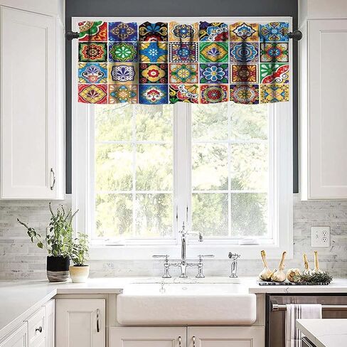 Mexican Style Valances Curtain for Kitchen Cafe, Tiles Print Colorful Flowers Leaves Swirl Pattern Window Treatment Valances Short Curtains Rod Pocket Drape for Dining Room Home Decor, 54x18inch in Saudi Arabia