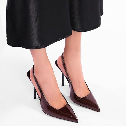 حذاء نسائي بكعب ستيليتو بحزام مطاطي سهل الارتداء حذاء بمقدمة مدببة بدون ظهر من الجلد اللامع فستان بكعب عالٍ in Kuwait