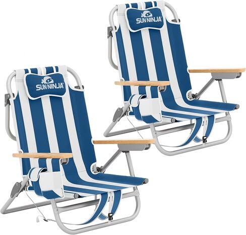 SUN NINJA Beach Chair – Folding Chair for Beach with 5 Reclining Positions, Cup & Phone Holder, Insulated Back Storage Pouch, Portable Lightweight Aluminum Frame - Palm Tree - 2pc in Kuwait