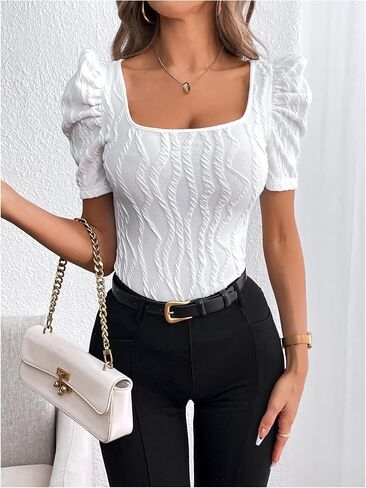 GORGLITTER Women's Puff Short Sleeve Square Neck Top Textured Knitted T Shirt Going Out Tops in Saudi Arabia