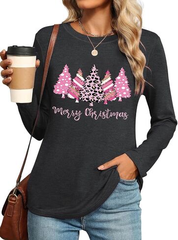 Long Sleeve Christmas Shirts for Women: Merry Christmas Tshirts Women Xmas Tree Snowman Coffee Graphic Tee Tops in Saudi Arabia