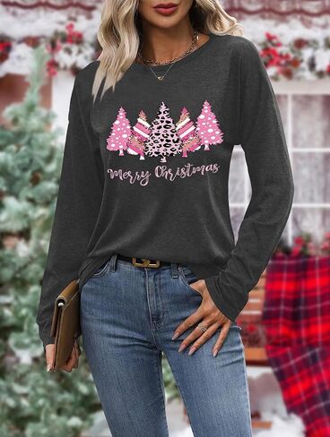 Long Sleeve Christmas Shirts for Women: Merry Christmas Tshirts Women Xmas Tree Snowman Coffee Graphic Tee Tops in Saudi Arabia
