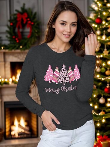 Long Sleeve Christmas Shirts for Women: Merry Christmas Tshirts Women Xmas Tree Snowman Coffee Graphic Tee Tops in Saudi Arabia