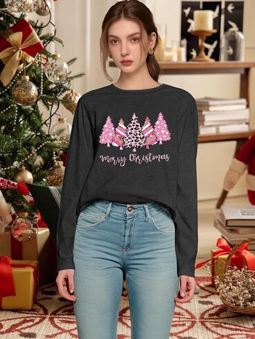 Long Sleeve Christmas Shirts for Women: Merry Christmas Tshirts Women Xmas Tree Snowman Coffee Graphic Tee Tops in Saudi Arabia