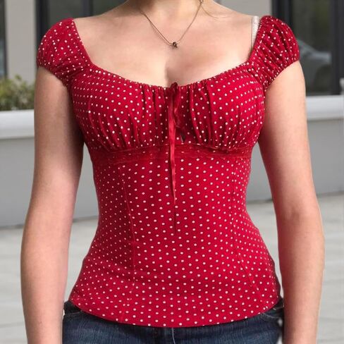 تي شيرت حريمي Y2K منقطة Milkmaid بأكمام قصيرة ورباط أمامي تي شيرت صيفي ضيق مناسب للخروج ملابس الشارع in Kuwait