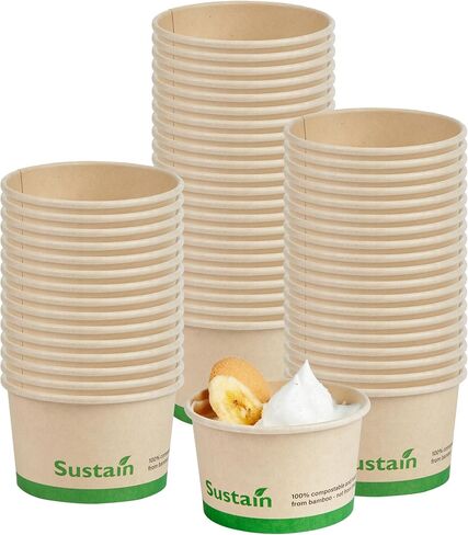 حاويات شوربة ورقية بسعة 8 أونصة من Restaurantware-Sustain، 200 كوب آيس كريم للاستعمال مرة واحدة - تباع الأغطية بشكل منفصل، مع بطانة PLA، أوعية حساء ساخنة من الخيزران، قابلة للتحلل، مقاومة للدهون in Saudi Arabia