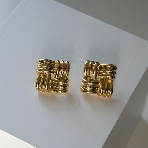 Ribbed Square Earrings Gold | Gold Textured Pinwheel Earrings Earrings | 18K Gold-Plated Square Statement Earrings in Saudi Arabia
