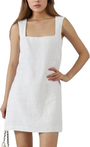 Women 100% Linen Mini Dress with Sleeveless Square Neck Breathable Back Zipper A-Line Summer Dress in Kuwait