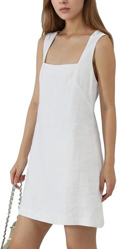 Women 100% Linen Mini Dress with Sleeveless Square Neck Breathable Back Zipper A-Line Summer Dress in Kuwait
