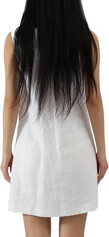 Women 100% Linen Mini Dress with Sleeveless Square Neck Breathable Back Zipper A-Line Summer Dress in Kuwait