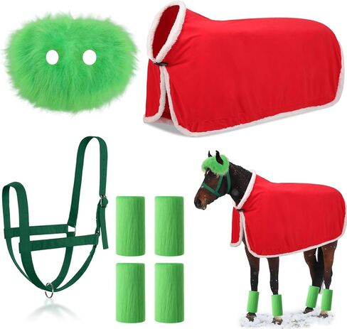 Paterr 7 Pcs Christmas Horse Accessory Xmas Santa Elf Horse Cape Halters Leg Wraps Hat Set Christmas Horse Tack for Xmas Horse Costume Accessories in Kuwait