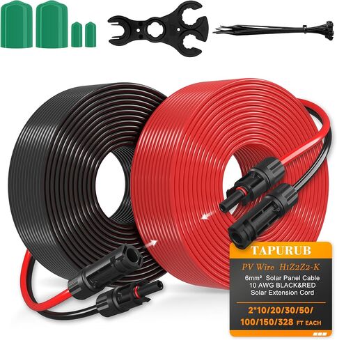 10FT 10AWG كابل تمديد الألواح الشمسية 6 مم ² سلك PV TAPURUB النحاس المعلب مع موصل مقاوم للماء أنثى وذكر للقارب الشمسي الكهروضوئي البحري RV في الهواء الطلق - 10 مقياس (أسود وأحمر) in Kuwait