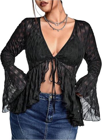 WDIRARA Women's Plus Size Sheer Mesh Tie Front Shirt Sexy Deep V Neck Long Bell Sleeve Tee Tops in Saudi Arabia
