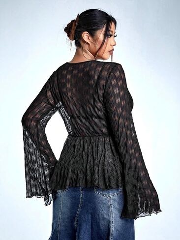 WDIRARA Women's Plus Size Sheer Mesh Tie Front Shirt Sexy Deep V Neck Long Bell Sleeve Tee Tops in Saudi Arabia
