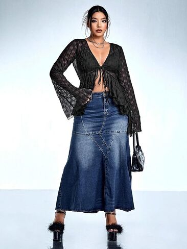 WDIRARA Women's Plus Size Sheer Mesh Tie Front Shirt Sexy Deep V Neck Long Bell Sleeve Tee Tops in Saudi Arabia