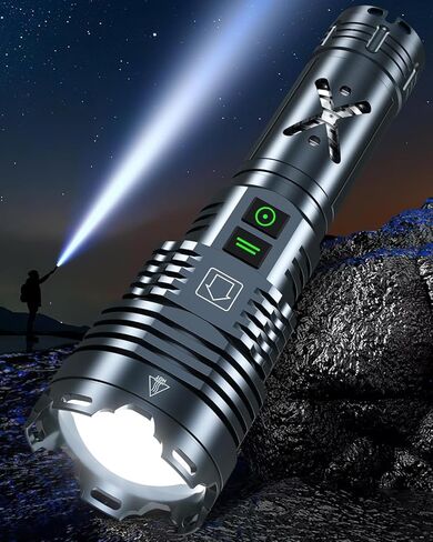 Super Bright 2500000 Lumens High Lumens High Flashlibes قابلة لإعادة الشحن ، أوضاع مصباح LED 6 ، ومصابيح كهربائية تكتيكية قابلة للتكبير 5000 مللي أمبير في الساعة بطارية طويلة مضادة للارتداء من أجل التخييم في حالات الطوارئ المنزلية in Kuwait