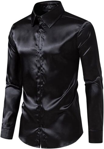 Men's Silk Satin Dress Shirts Long Sleeve Button Up Shirts Party Prom Wedding Shirt in Kuwait